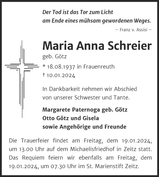 Traueranzeige von Maria Anna Schreier von Trauerkombi Zeitz