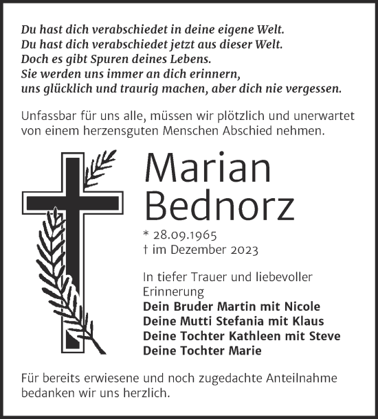 Traueranzeige von Marian Bednorz von Trauerkombi Wittenberg