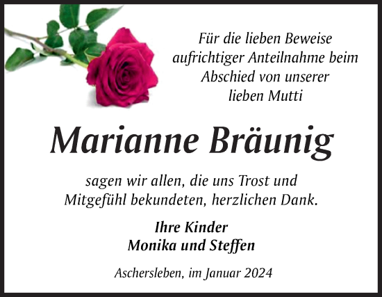 Traueranzeige von Marianne Bräunig von Trauerkombi Aschersleben