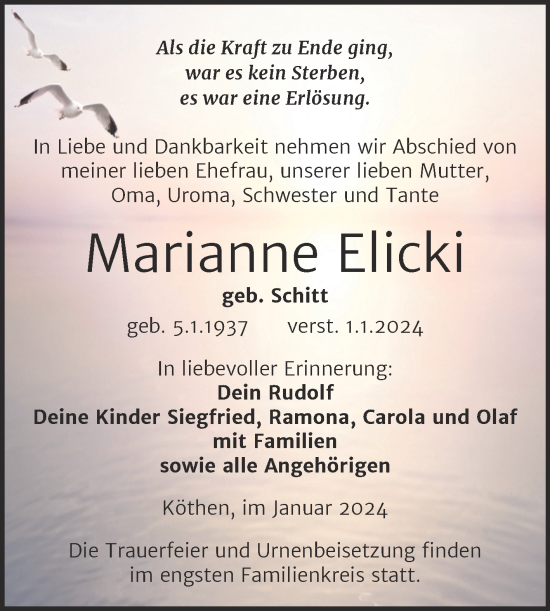 Traueranzeige von Marianne Elicki von Trauerkombi Köthen