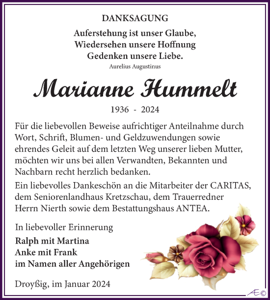 Traueranzeige von Marianne Hummelt von Trauerkombi Zeitz