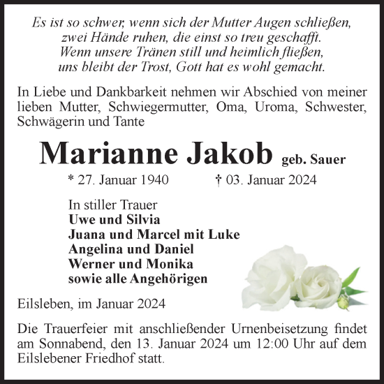 Traueranzeige von Marianne Jakob von Volksstimme Oschersleben/Wanzleben