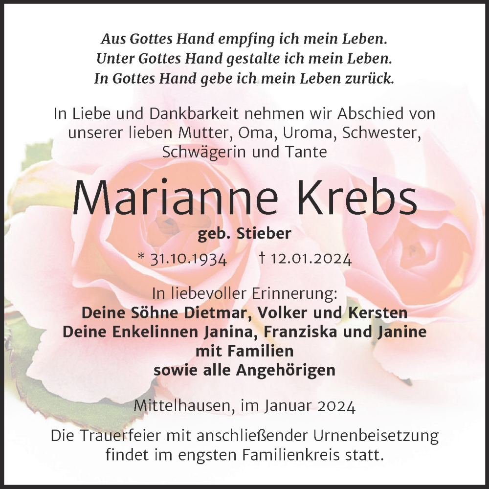  Traueranzeige für Marianne Krebs vom 24.01.2024 aus Trauerkombi Sangerhausen