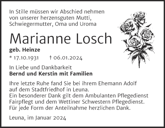 Traueranzeige von Marianne Losch von Trauerkombi Merseburg
