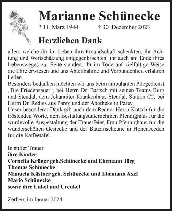 Traueranzeige von Marianne Schünecke von Volksstimme Burg/Genthin
