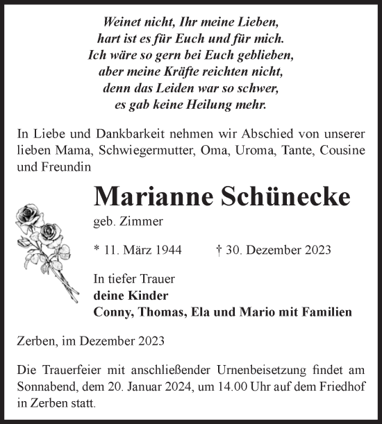 Traueranzeige von Marianne Schünecke von Volksstimme Burg/Genthin