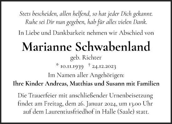Traueranzeige von Marianne Schwabenland von Mitteldeutsche Zeitung Halle/Saalkreis