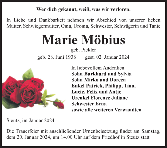 Traueranzeige von Marie Möbius von Volksstimme Zerbst