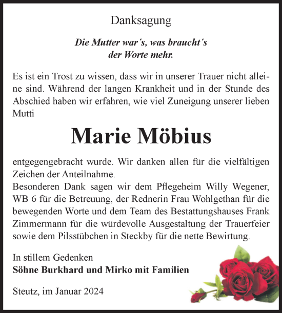 Traueranzeige von Marie Möbius von Volksstimme Zerbst