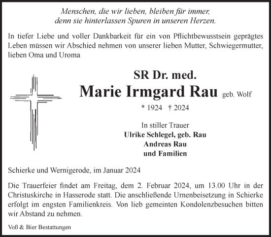 Traueranzeige von Marie Irmgard Rau von Volksstimme Wernigerode