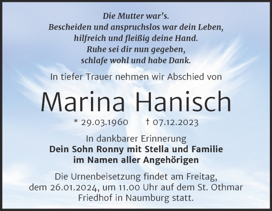 Traueranzeige von Marina Hanisch von Wochenspiegel Naumburg/Nebra