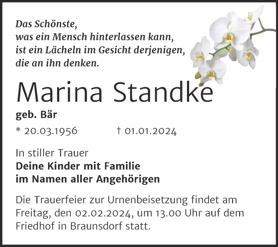Traueranzeige von Marina Standke von Trauerkombi Merseburg