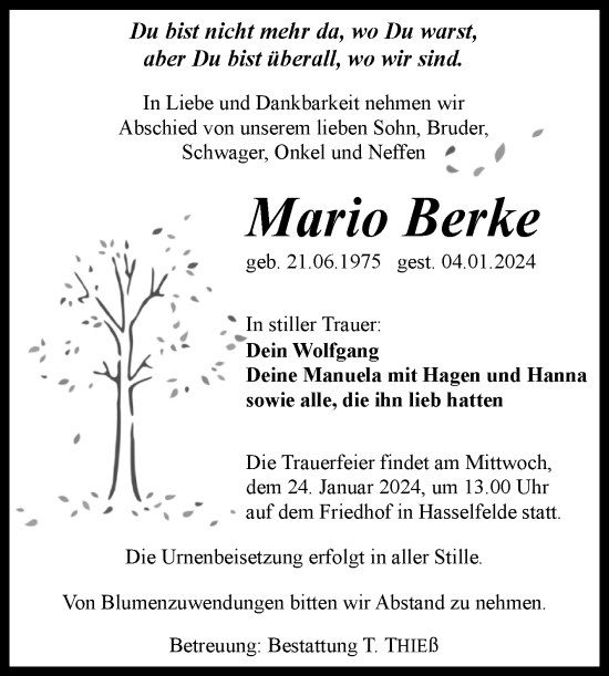 Traueranzeige von Mario Berke von Volksstimme Wernigerode