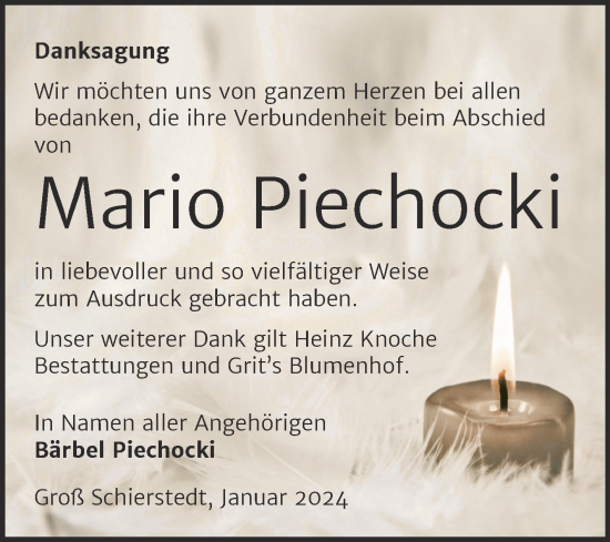 Traueranzeige von Mario Piechocki von Trauerkombi Aschersleben