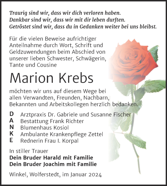 Traueranzeige von Marion Krebs von Trauerkombi Sangerhausen