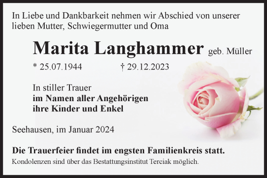 Traueranzeige von Marita Langhammer von Volksstimme Oschersleben/Wanzleben