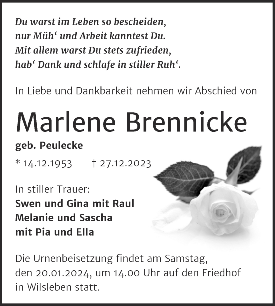 Traueranzeige von Marlene Brennicke von Trauerkombi Aschersleben