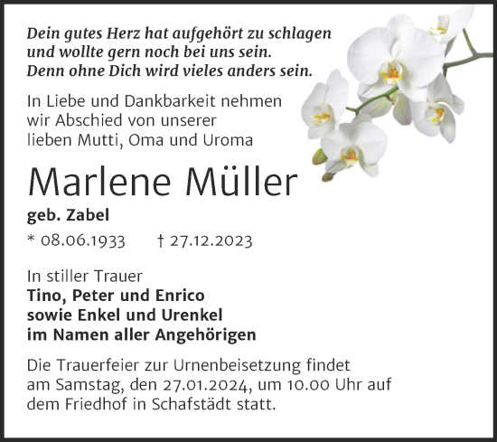 Traueranzeige von Marlene Müller von Trauerkombi Merseburg