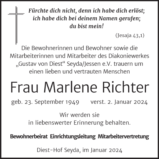 Traueranzeige von Marlene Richter von Super Sonntag Wittenberg