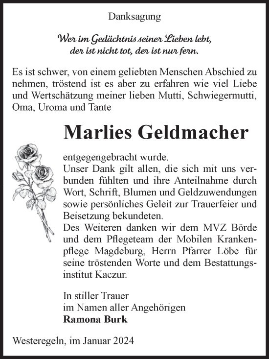 Traueranzeige von Marlies Geldmacher von Volksstimme Staßfurt