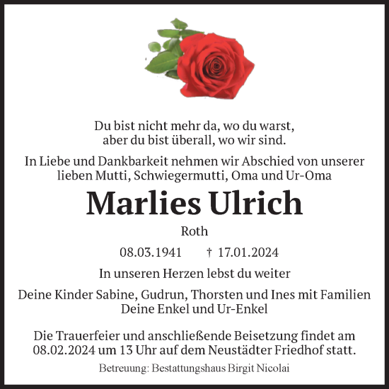 Traueranzeige von Marlies Ulrich von Volksstimme Magdeburg