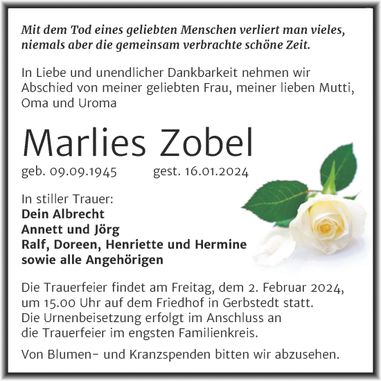 Traueranzeige von Marlies Zobel von Trauerkombi Mansfelder Land