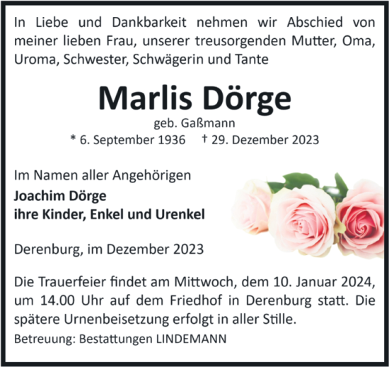 Traueranzeige von Marlis Dörge von Volksstimme Wernigerode