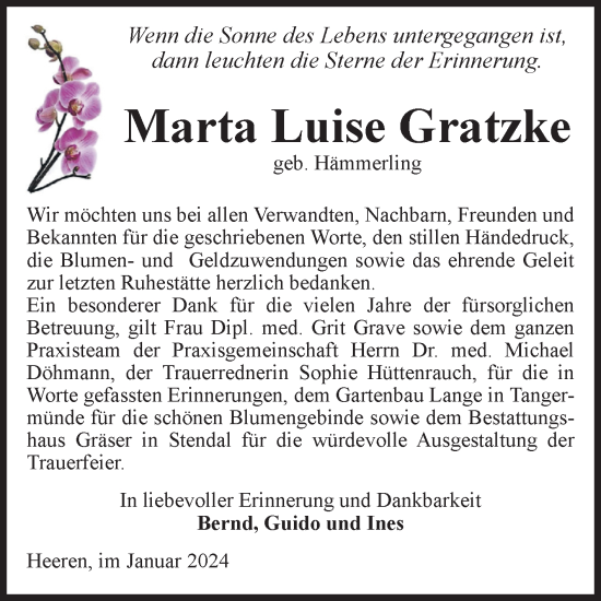 Traueranzeige von Marta Luise Gratzke von Volksstimme Altmark Ost