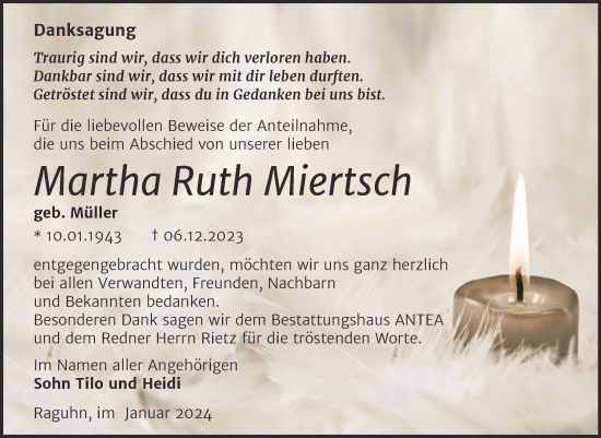 Traueranzeige von Martha Ruth Miertsch von Trauerkombi Bitterfeld