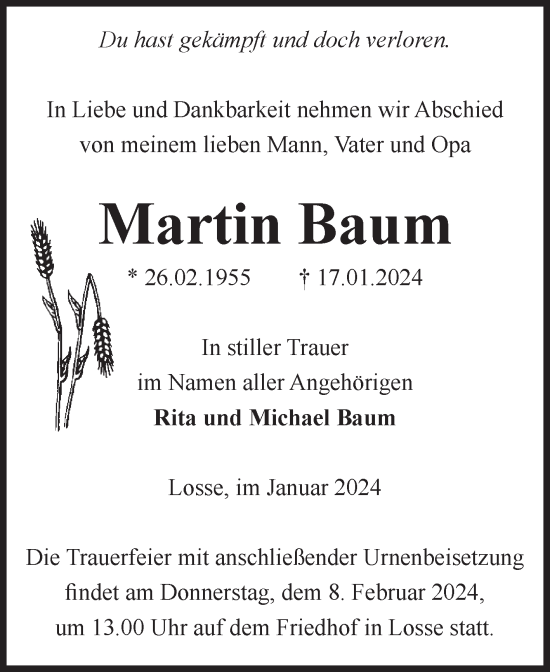 Traueranzeige von Martin Baum von Volksstimme Altmark Ost