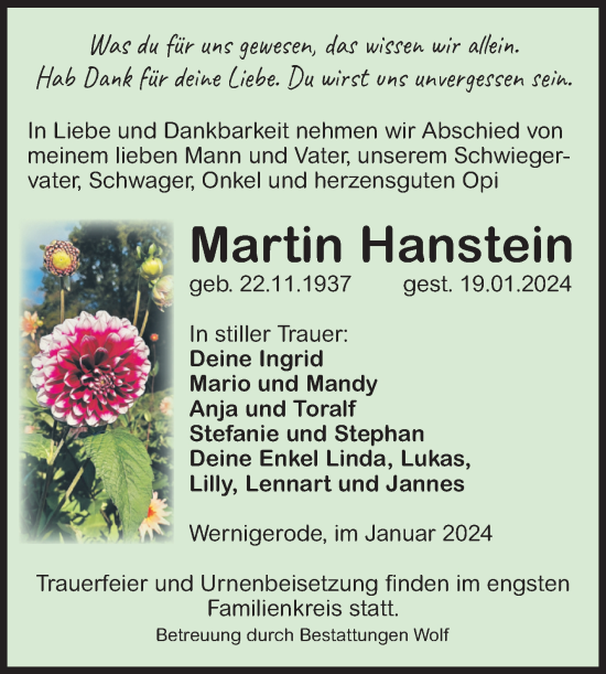 Traueranzeige von Martin Hanstein von Volksstimme Wernigerode