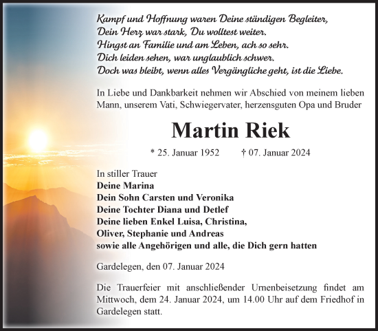 Traueranzeige von Martin Riek von Volksstimme Altmark West