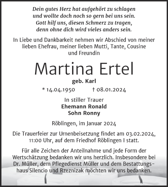 Traueranzeige von Martina Ertel von Trauerkombi Mansfelder Land
