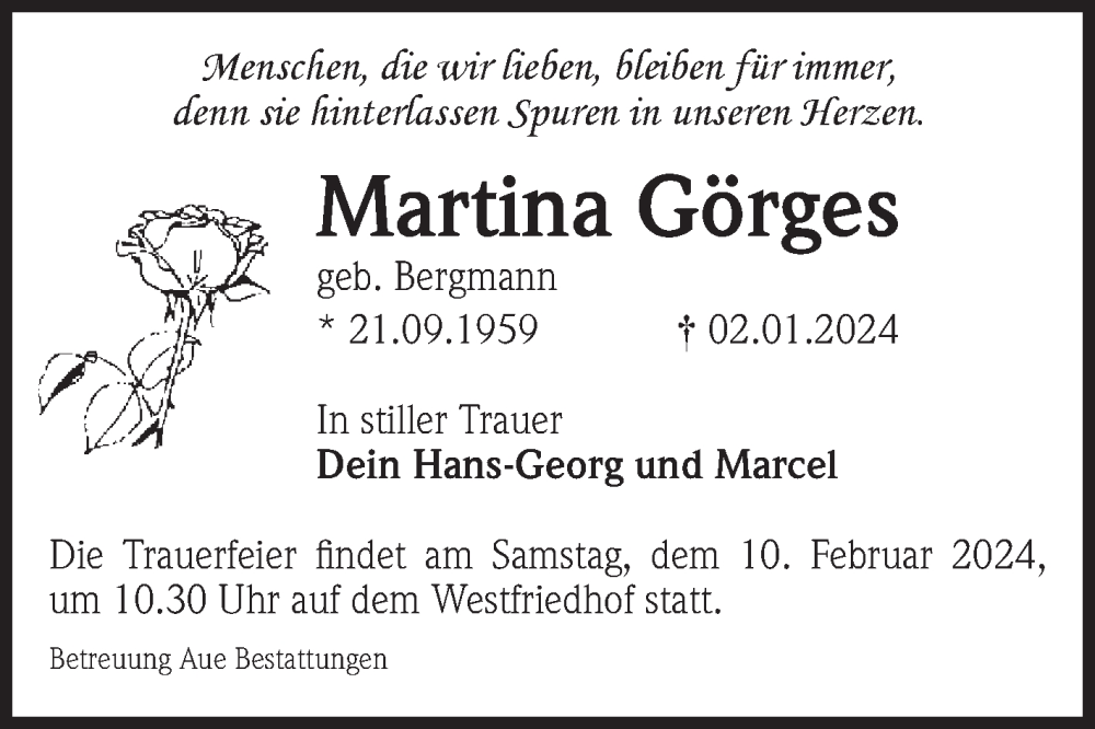  Traueranzeige für Martina Görges vom 13.01.2024 aus Volksstimme Magdeburg