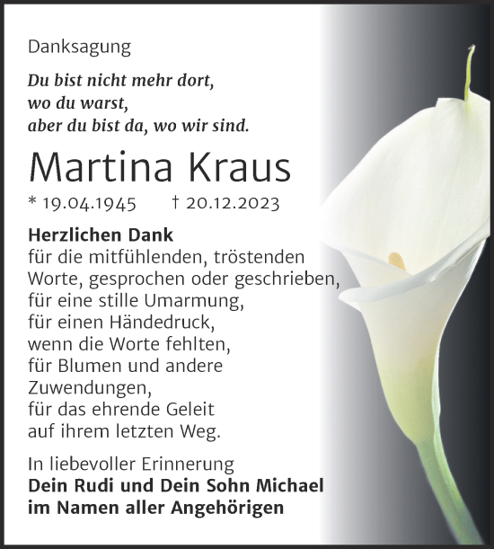Traueranzeige von Martina Kraus von Trauerkombi Mansfelder Land