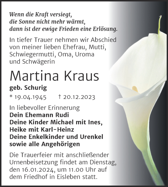 Traueranzeige von Martina Kraus von Trauerkombi Mansfelder Land