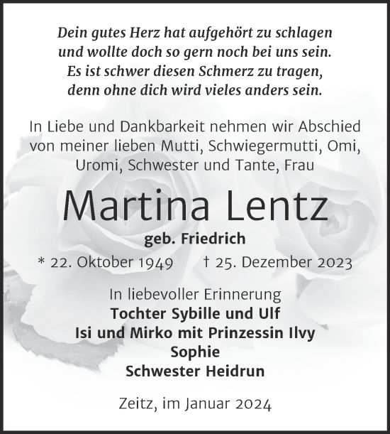 Traueranzeige von Martina Lentz von Trauerkombi Zeitz