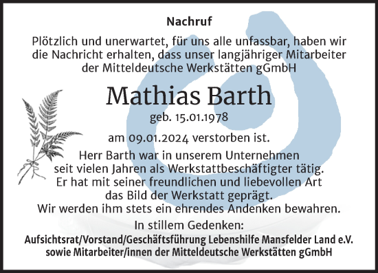 Traueranzeige von Mathias Barth von Mitteldeutsche Zeitung Mansfelder Land