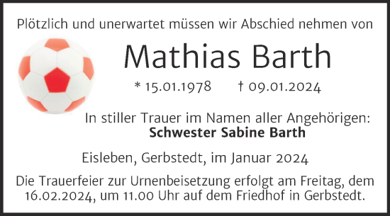 Traueranzeige von Mathias Barth von Trauerkombi Mansfelder Land