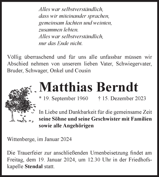 Traueranzeige von Matthias Berndt von Volksstimme Altmark Ost