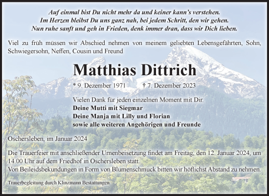Traueranzeige von Matthias Dittrich von Volksstimme Oschersleben/Wanzleben