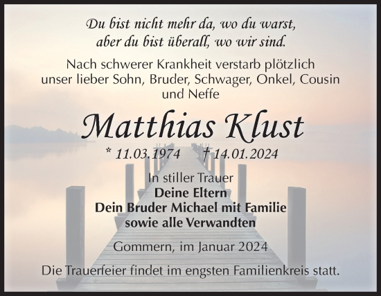 Traueranzeige von Matthias Klust von Volksstimme Burg/Genthin