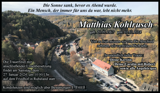Traueranzeige von Matthias Kohlrusch von Volksstimme Wernigerode