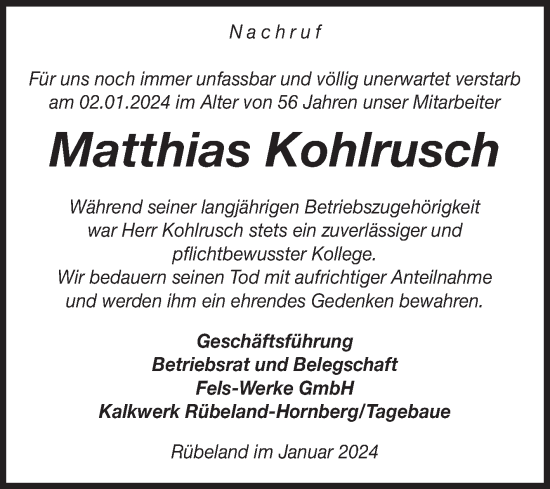 Traueranzeige von Matthias Kohlrusch von Volksstimme Wernigerode