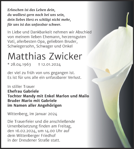Traueranzeige von Matthias Zwicker von Trauerkombi Wittenberg