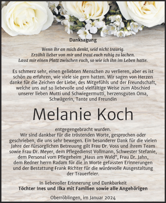 Traueranzeige von Melanie Koch von Trauerkombi Sangerhausen
