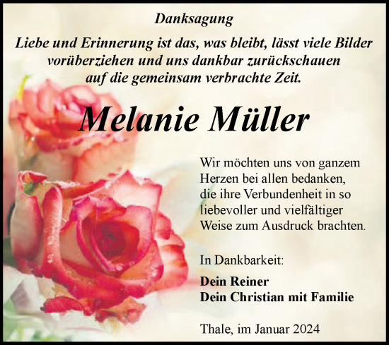 Traueranzeige von Melanie Müller von Trauerkombi Quedlinburg