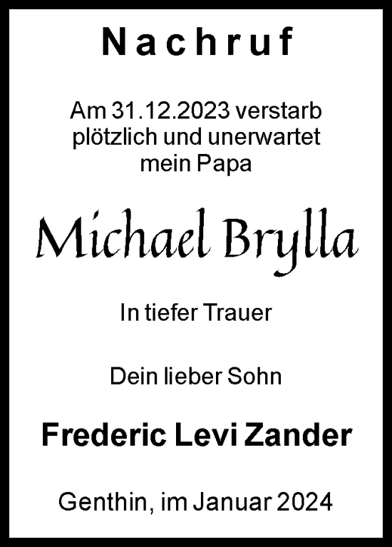 Traueranzeige von Michael Brylla von Volksstimme Burg/Genthin