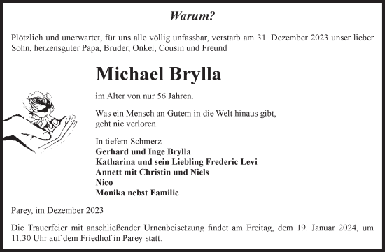 Traueranzeige von Michael Brylla von Volksstimme Burg/Genthin
