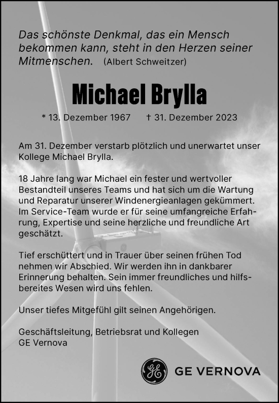 Traueranzeige von Michael Brylla von Volksstimme Burg/Genthin